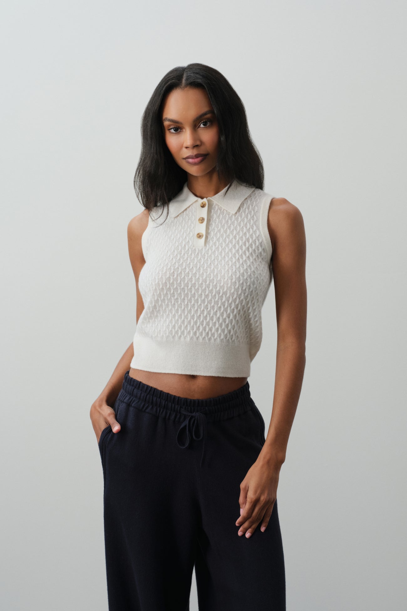 LEYLAH SLEEVELESS CABLE KNIT POLO