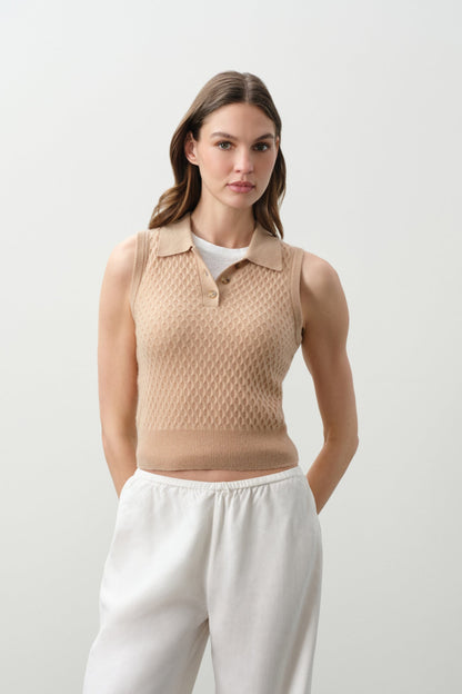 LEYLAH SLEEVELESS CABLE KNIT POLO